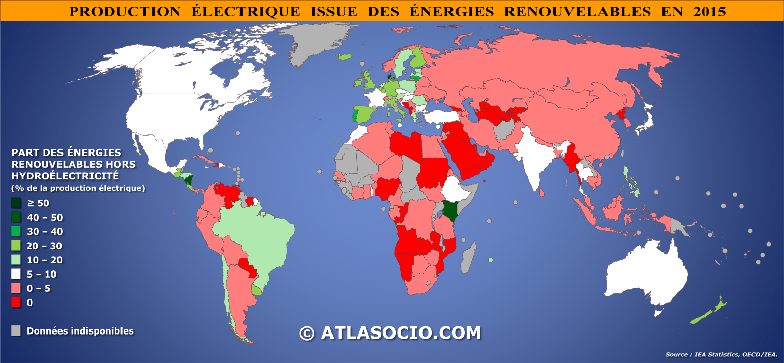 Carte du monde relative à la part de l'énergie électrique issue des énergies renouvelables par État en 2015 (%)