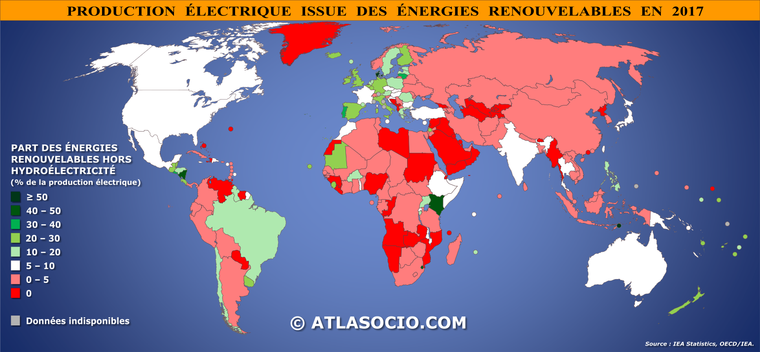 Carte du monde relative à la part de l'énergie électrique issue des énergies renouvelables par État en 2017 (%)