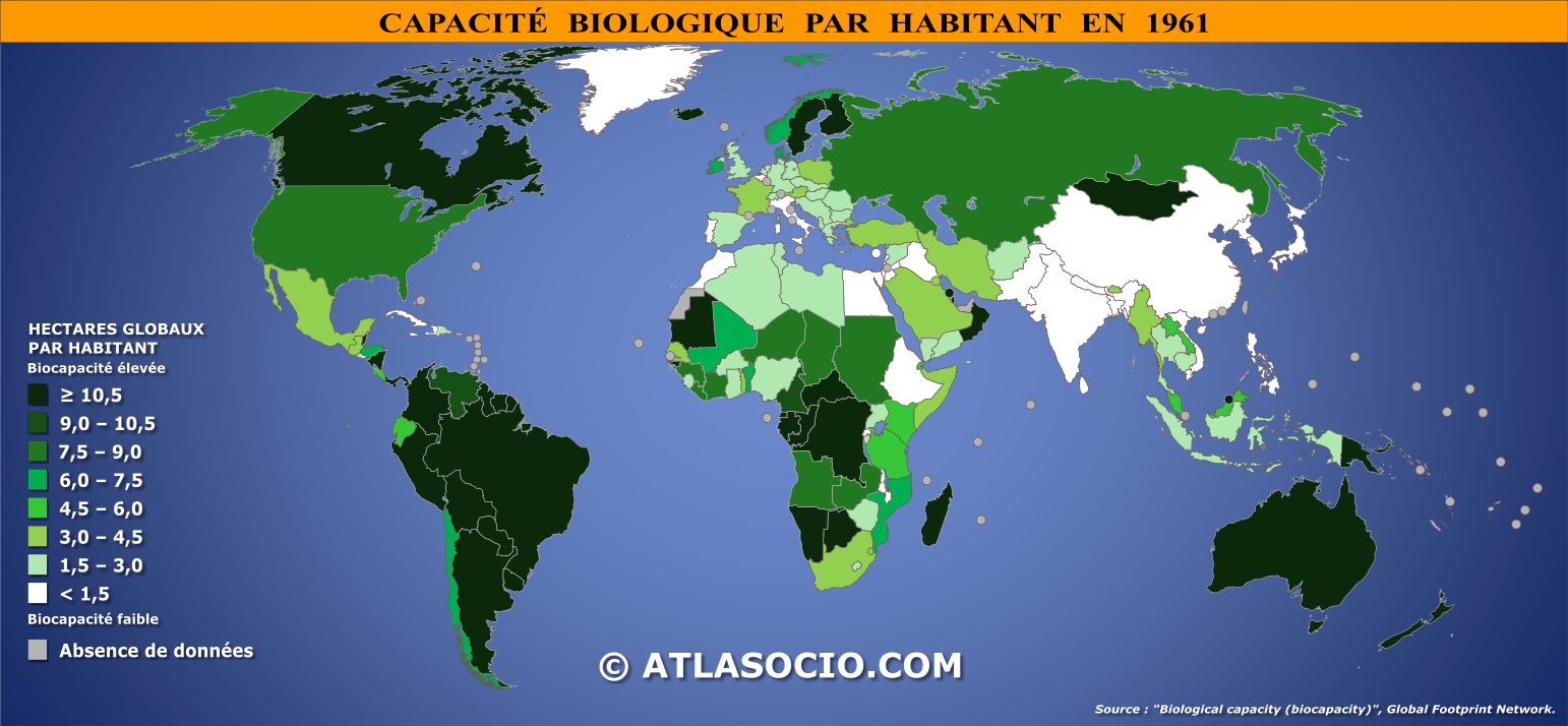 Carte du monde relative à la biocapacité par habitant en 1961