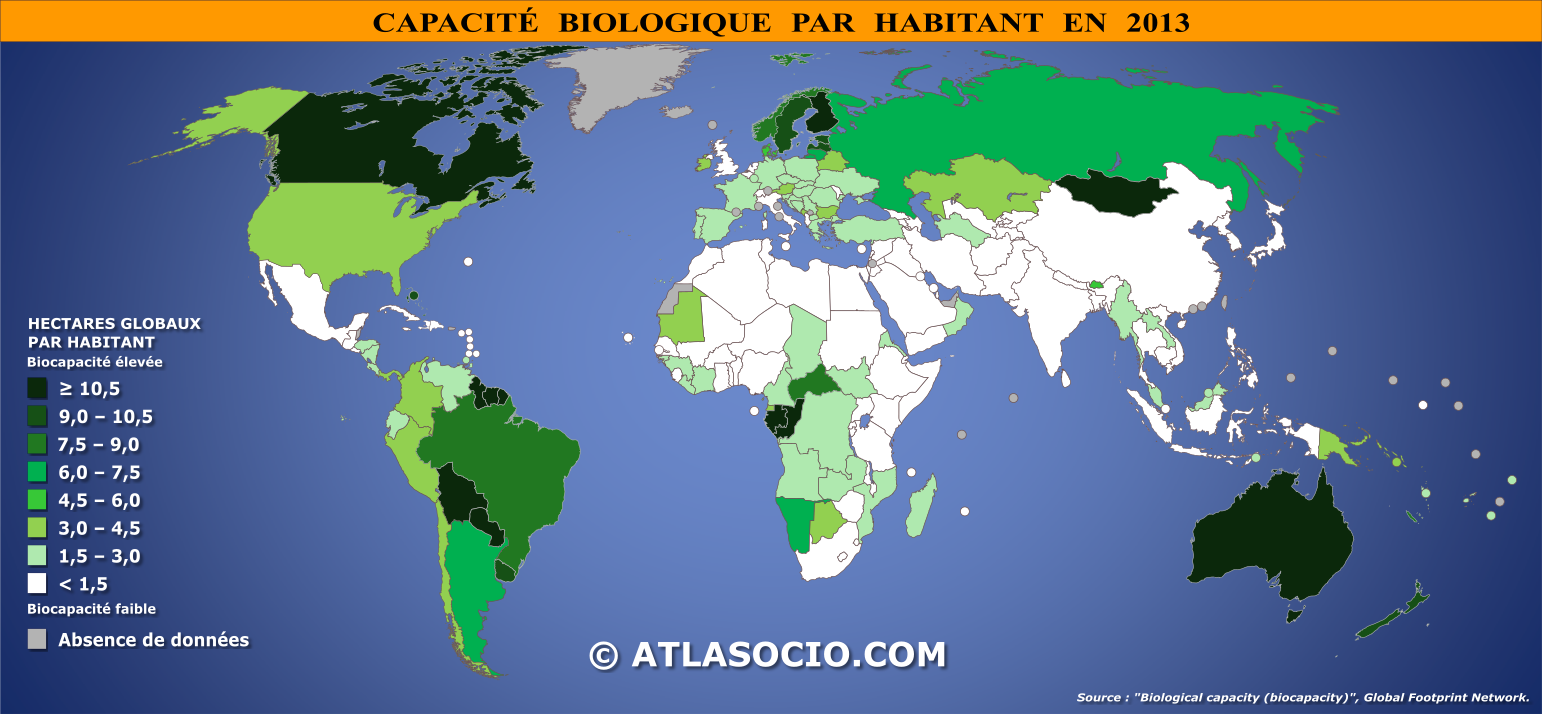 Carte du monde relative à la biocapacité par habitant en 2013