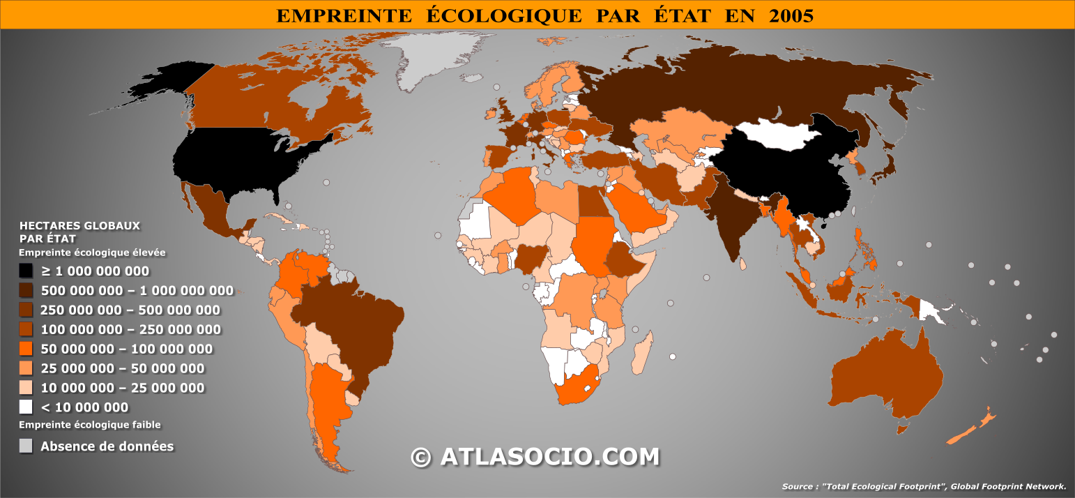 Carte du monde relative à l'empreinte écologique par État en 2005
