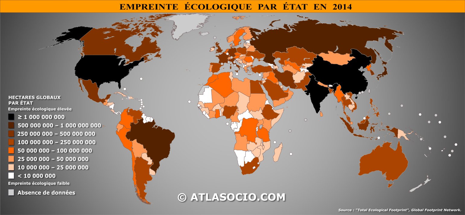 Carte du monde relative à l'empreinte écologique par État en 2014