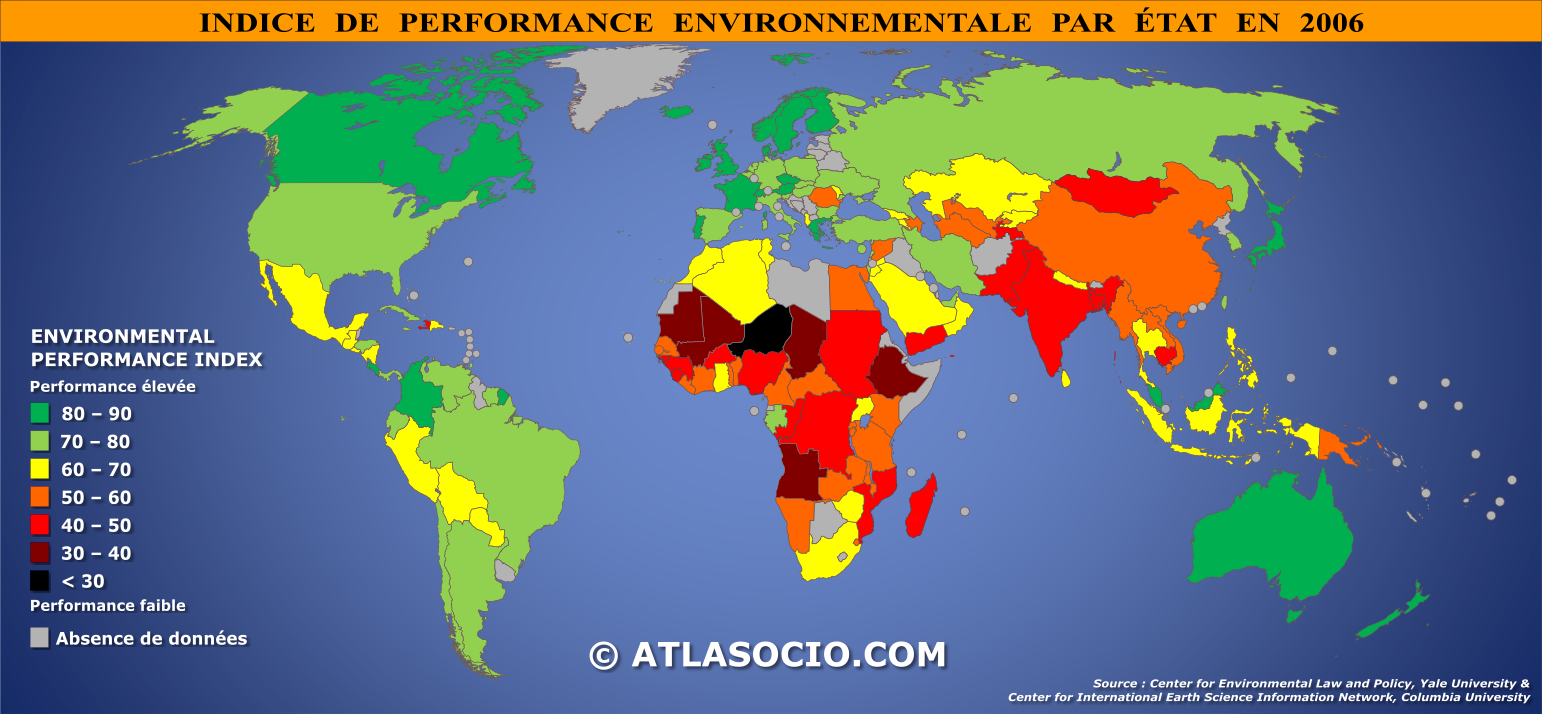 Carte du monde relative à l'indice de performance environnementale par État en 2006