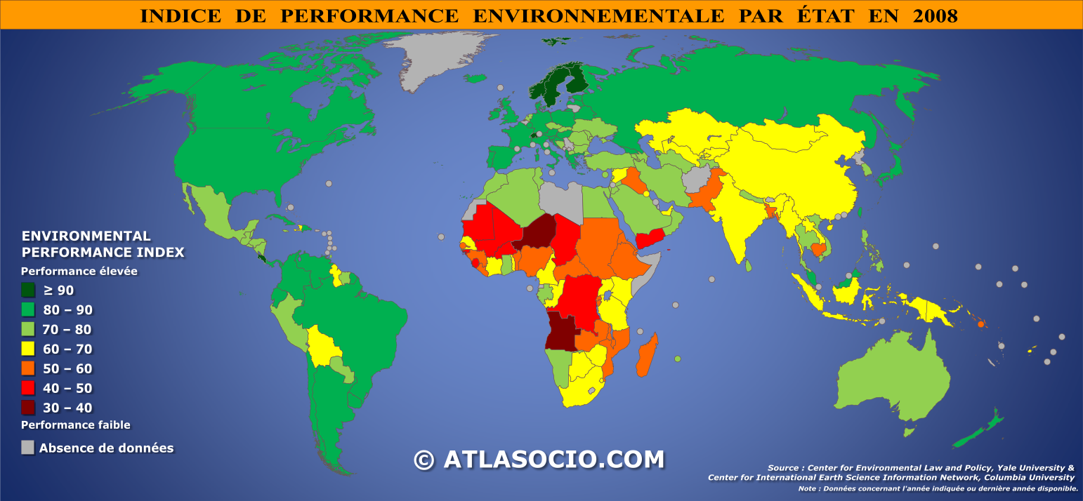 Carte du monde relative à l'indice de performance environnementale par État en 2008