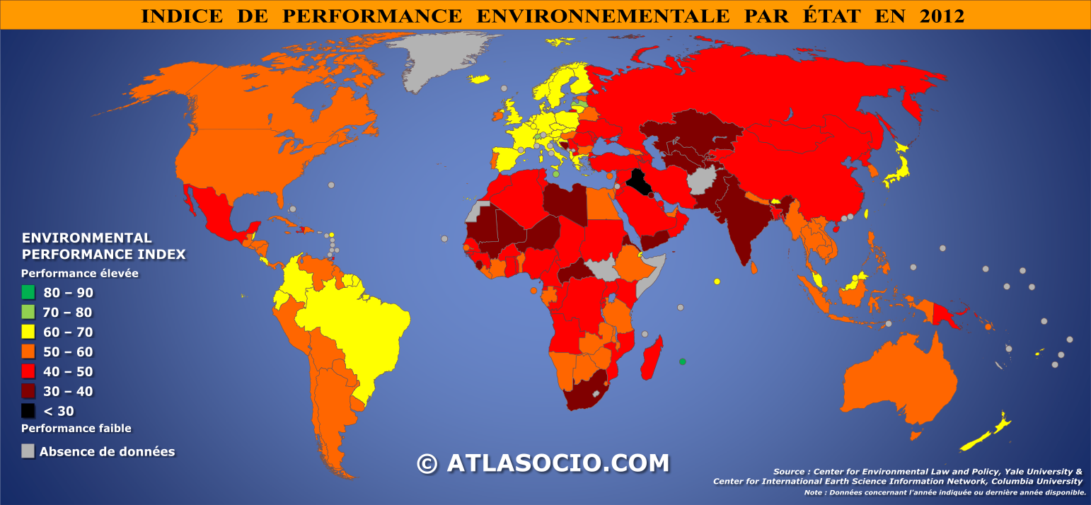 Carte du monde relative à l'indice de performance environnementale par État en 2012