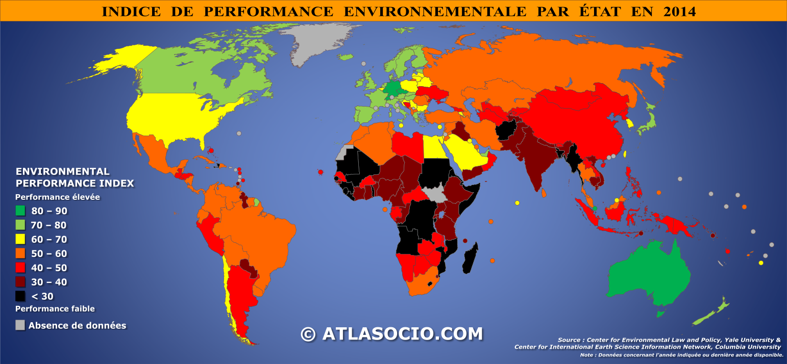 Carte du monde par indice de performance environnementale. Cet indice vise à évaluer les réussites/échecs des politiques environnementales.