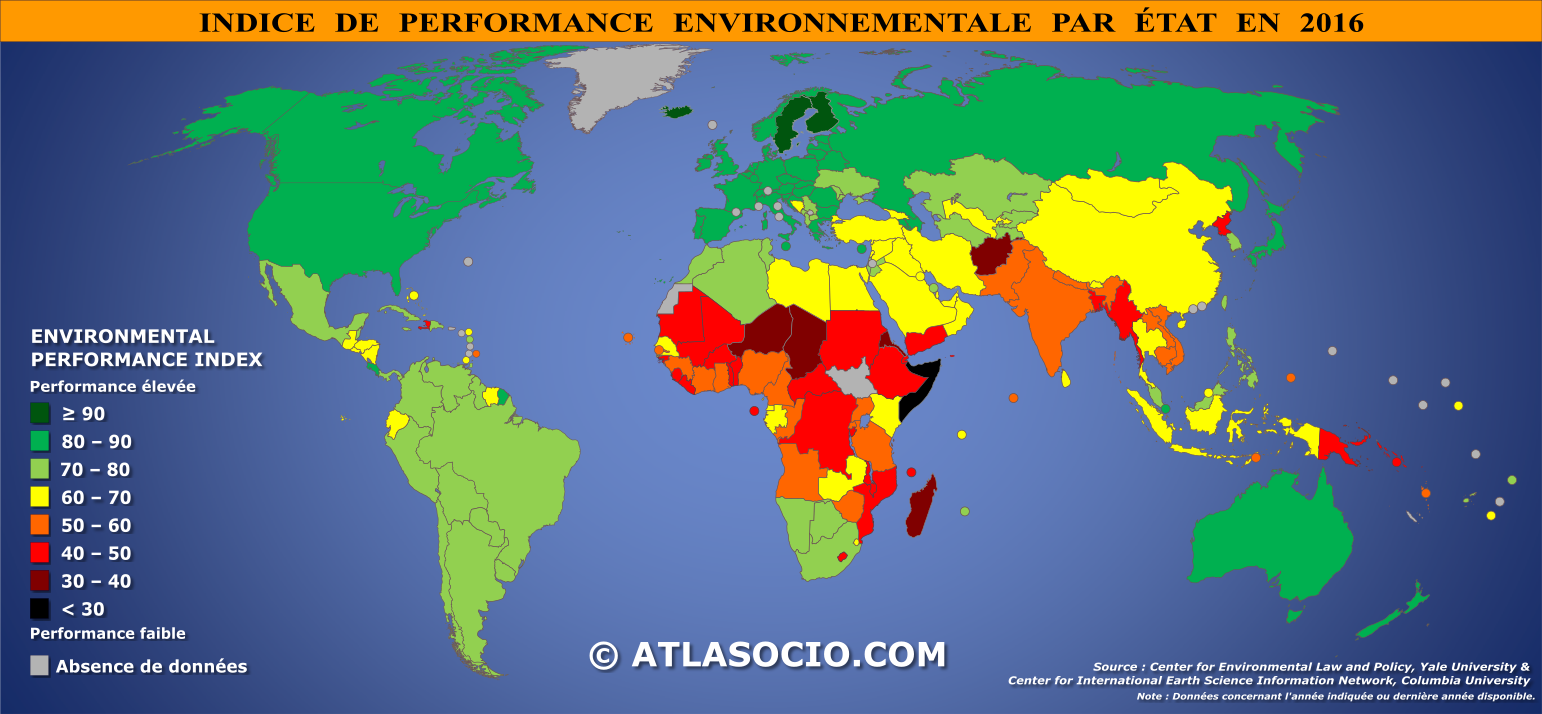 Carte du monde relative à l'indice de performance environnementale par État en 2016
