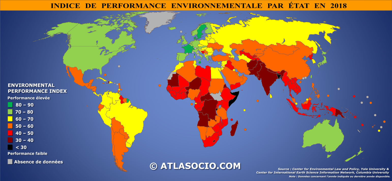Carte du monde relative à l'indice de performance environnementale par État en 2018