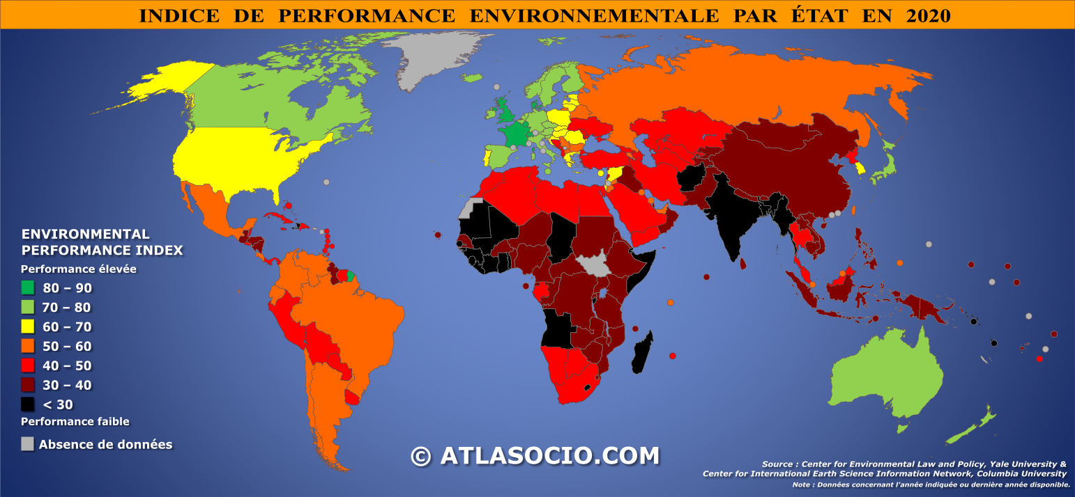 Carte du monde relative à l'indice de performance environnementale par État en 2020