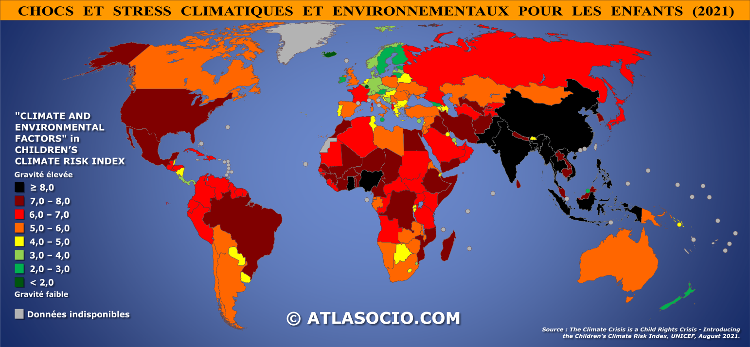 Carte du monde relative à l'indice des chocs et stress climatiques et environnementaux pour les enfants par État en 2021