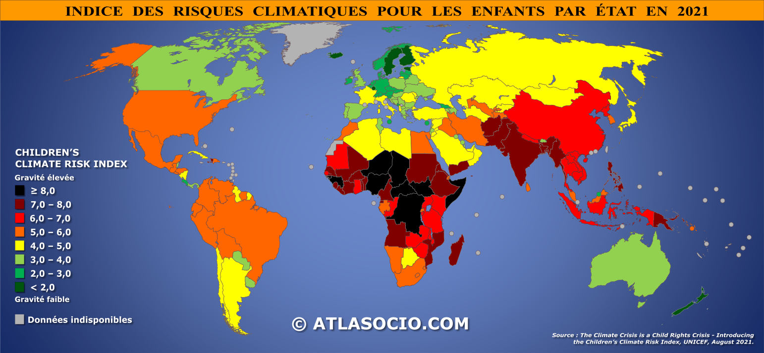 Carte du monde relative à l'indice des risques climatiques pour les enfants par État en 2021