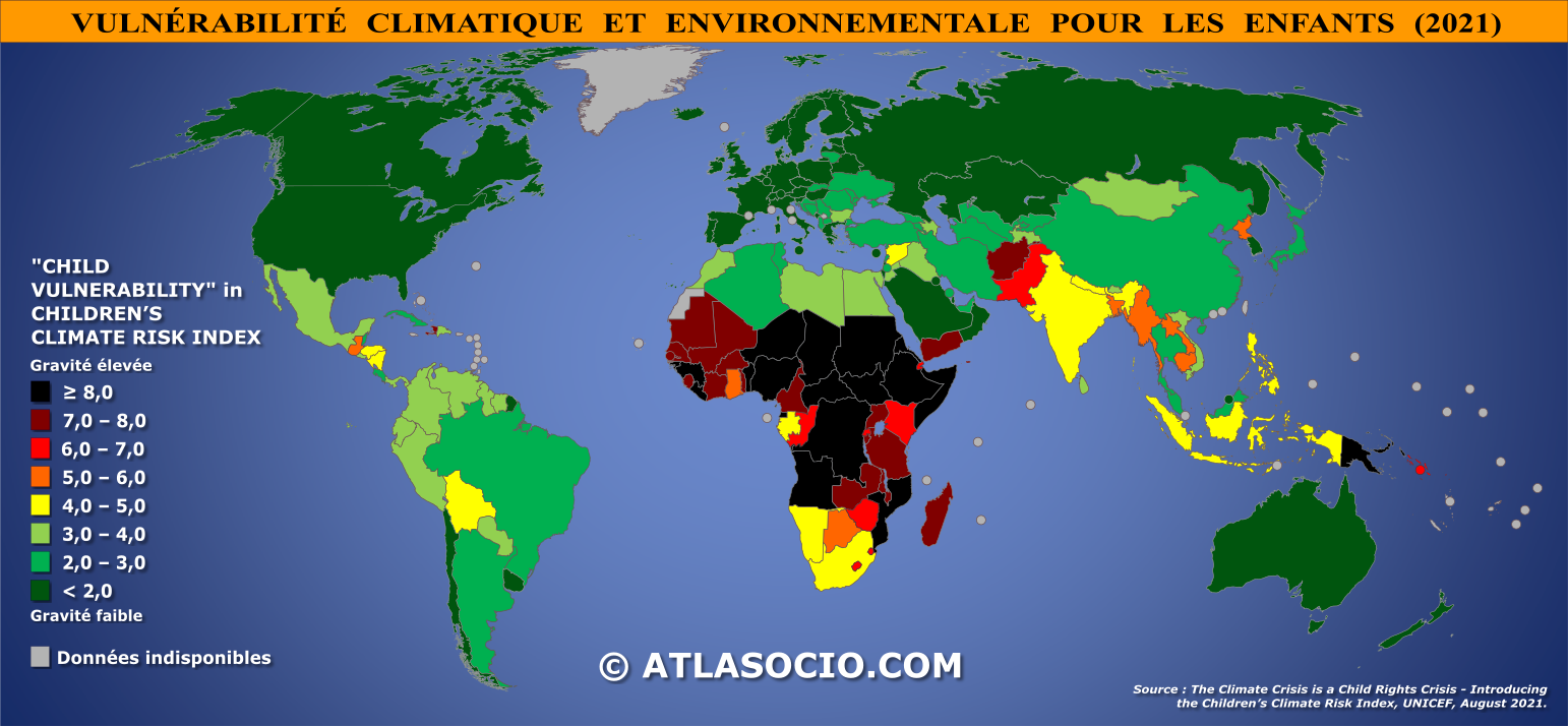 Carte du monde relative à l'indice de vulnérabilité climatique et environnementale pour les enfants par État en 2021