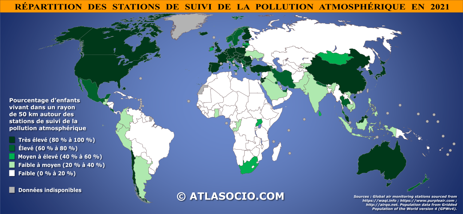 Carte du monde relative au pourcentage d’enfants vivant dans un rayon de 50 km autour des stations de suivi de la pollution atmosphérique.
