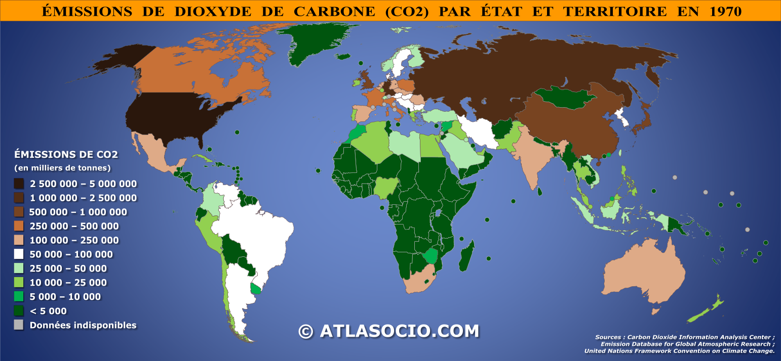 Carte du monde relative aux émissions de dioxyde de carbone (CO2) par État en 1970