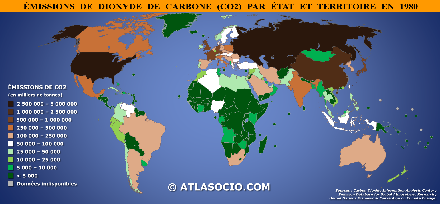 Carte du monde relative aux émissions de dioxyde de carbone (CO2) par État en 1980
