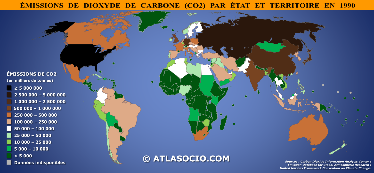 Carte du monde relative aux émissions de dioxyde de carbone (CO2) par État en 1990