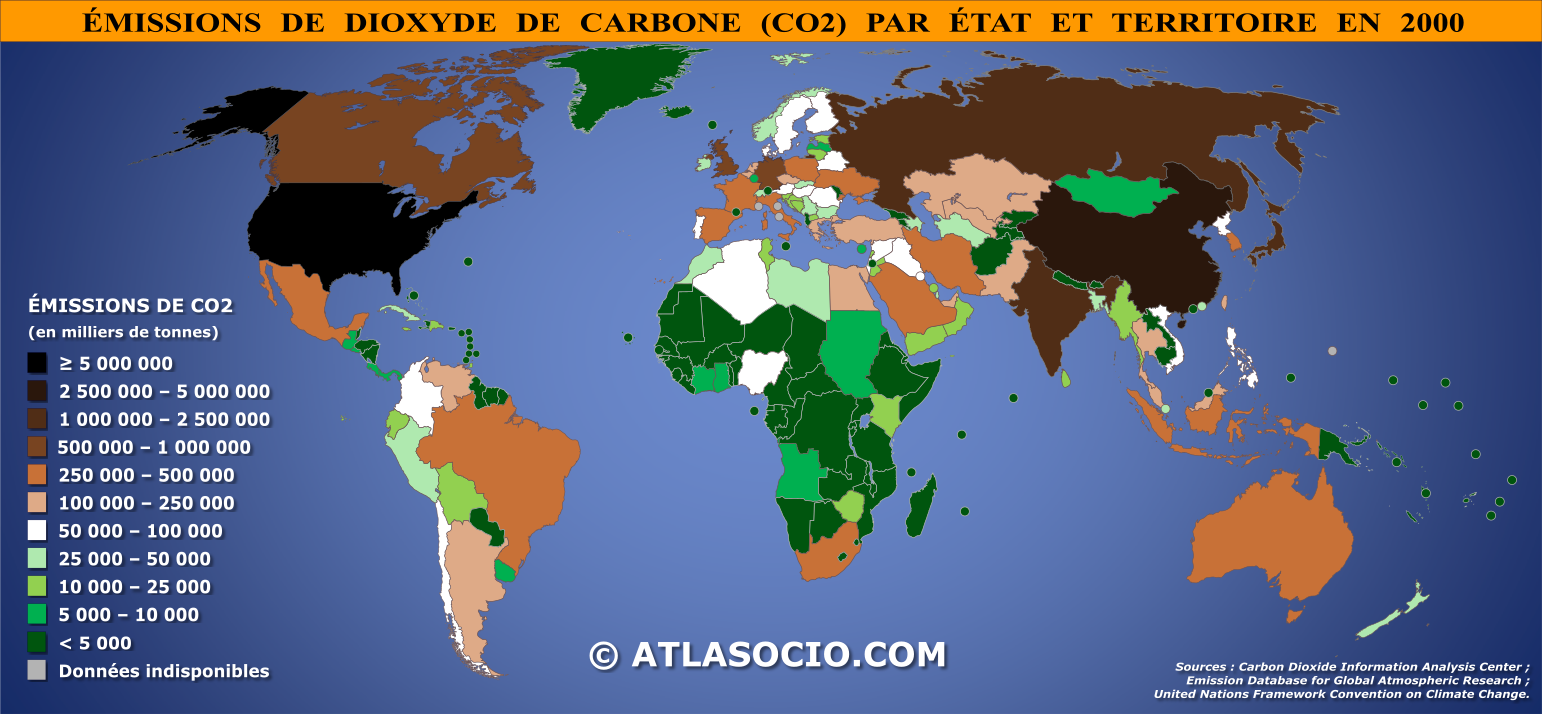 Carte du monde relative aux émissions de dioxyde de carbone (CO2) par État en 2000