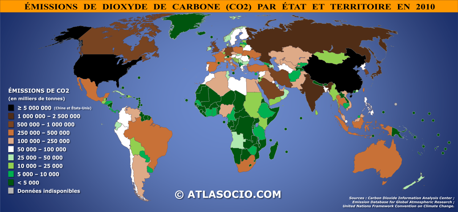 Carte du monde relative aux émissions de dioxyde de carbone (CO2) par État en 2010
