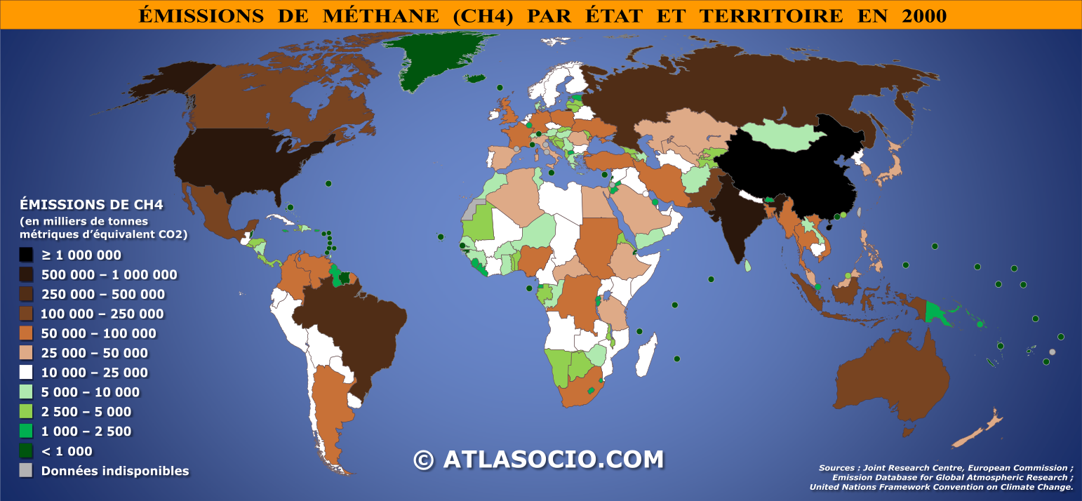 Carte du monde relative aux émissions de méthane (CH4) par État en 2000