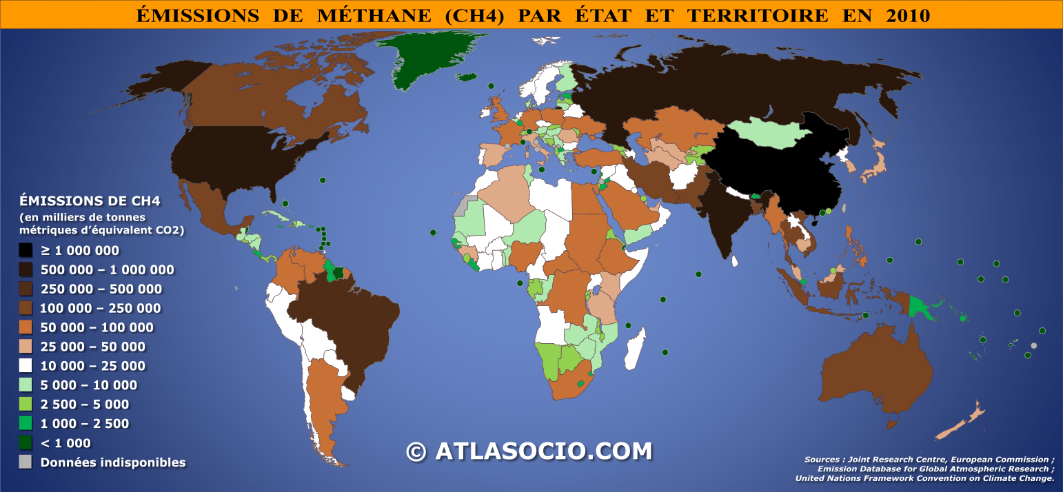 Carte du monde relative aux émissions de méthane (CH4) par État en 2010
