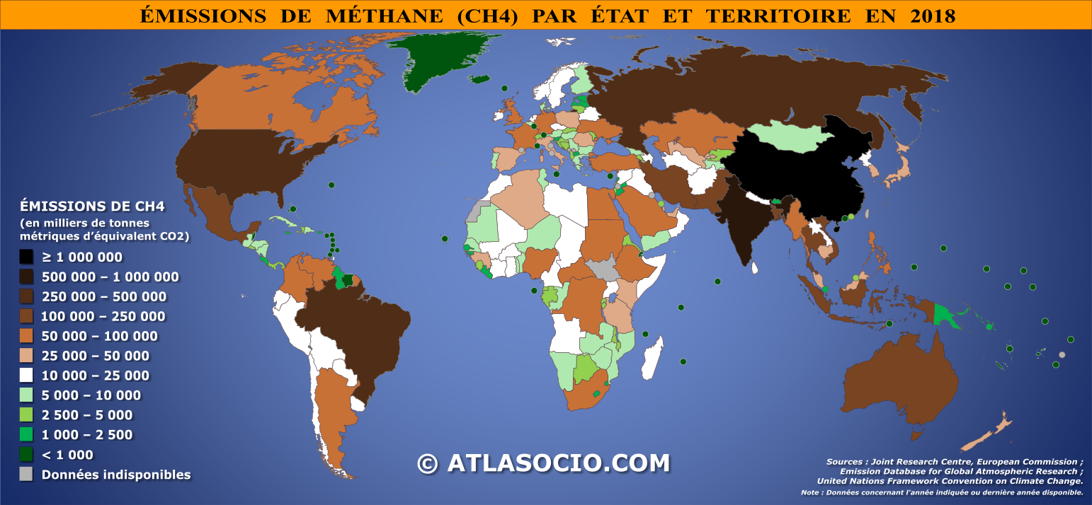 Carte du monde relative aux émissions de méthane (CH4) par État en 2018