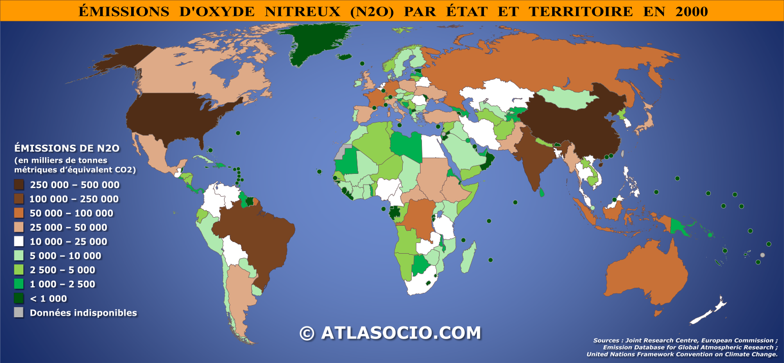 Carte du monde relative aux émissions d'oxyde nitreux (N2O) par État en 2000