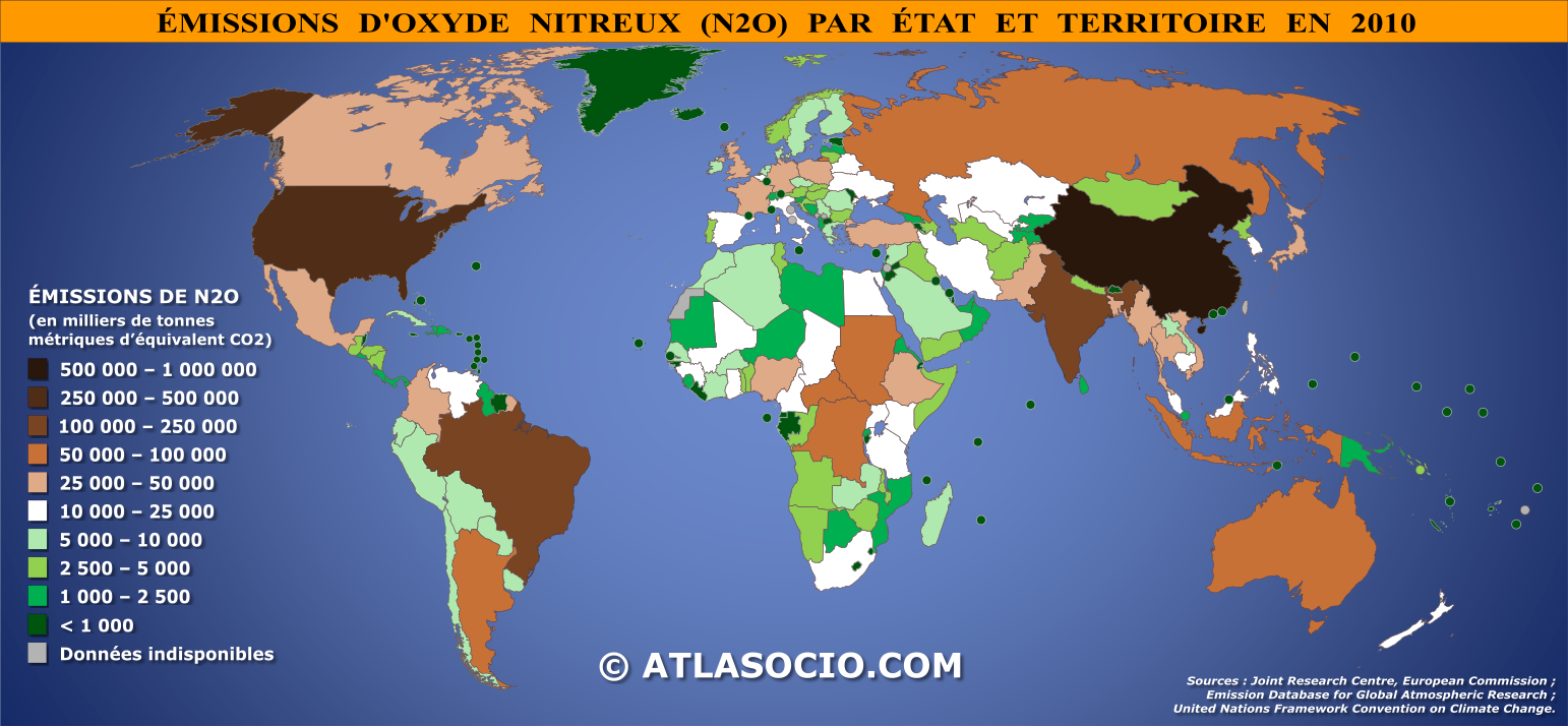 Carte du monde relative aux émissions d'oxyde nitreux (N2O) par État en 2010