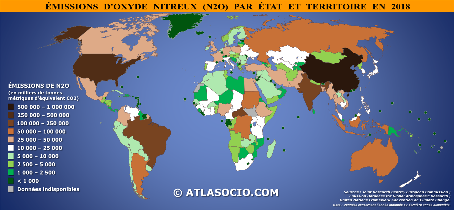 Carte du monde relative aux émissions d'oxyde nitreux (N2O) par État en 2018