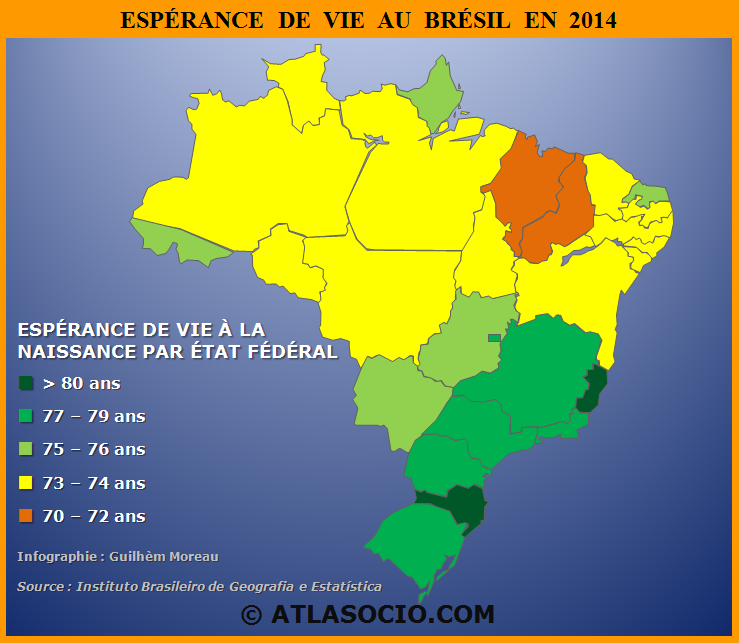 Carte de l'espérance de vie au Brésil en 2014.