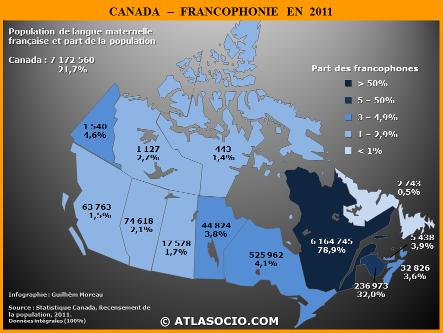 Carte de la part des francophones par province et territoire du Canada en 2011.