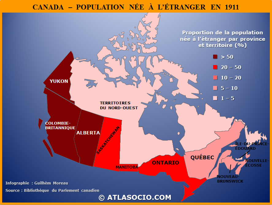 Carte - Proportion de la population née à l'étranger par province et territoire du Canada en 1911.