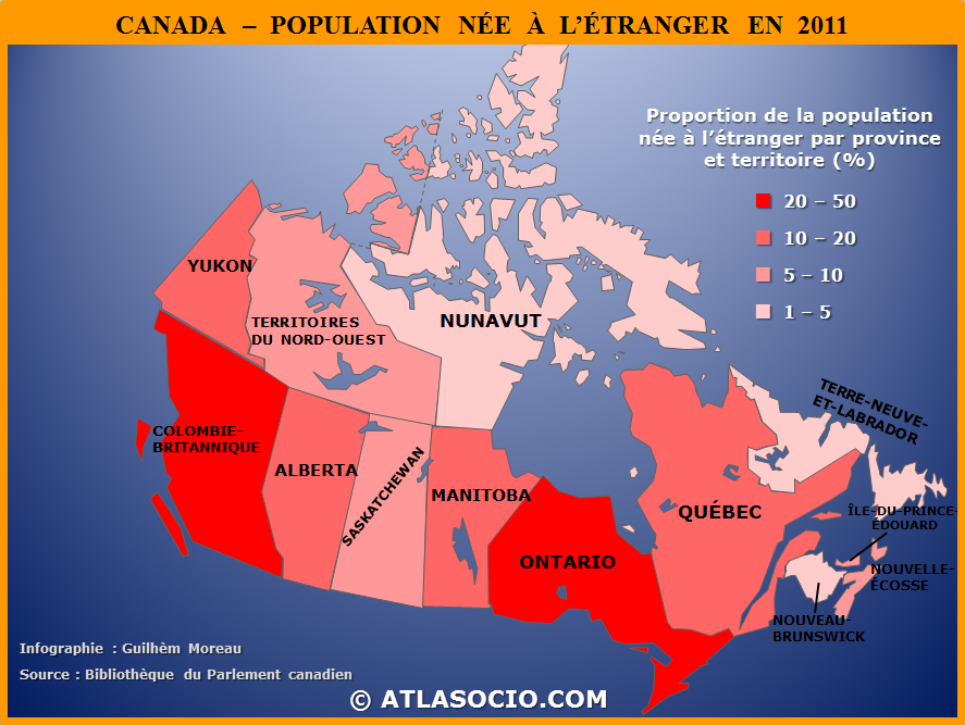 Carte - Proportion de la population née à l'étranger par province et territoire du Canada en 2011.