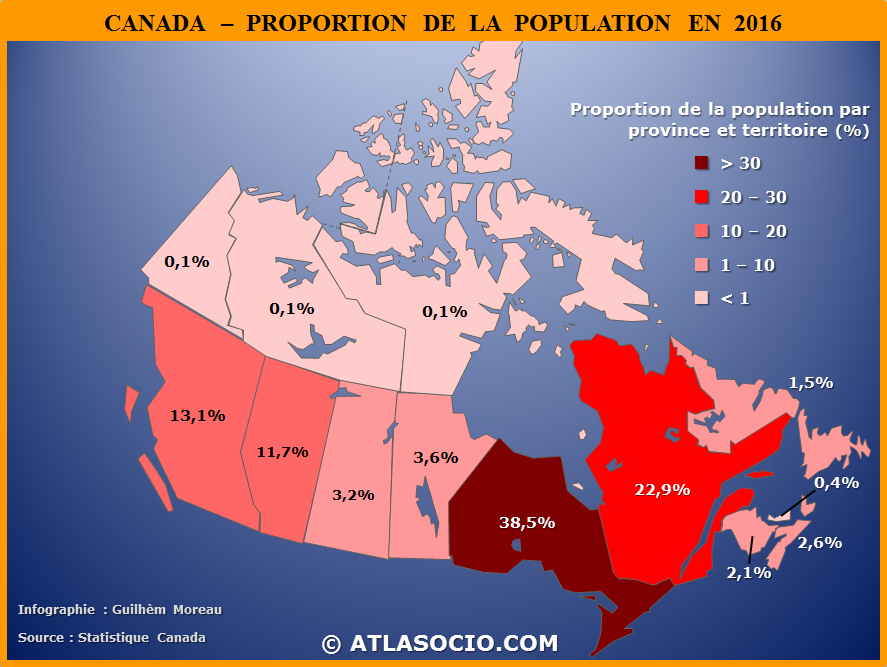 Carte - Proportion de la population du Canada par province et territoire en 2016.