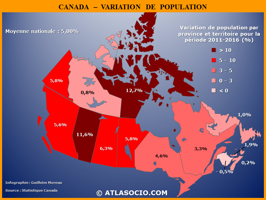 Carte - Variation de la population par province et territoire du Canada (2011-2016).