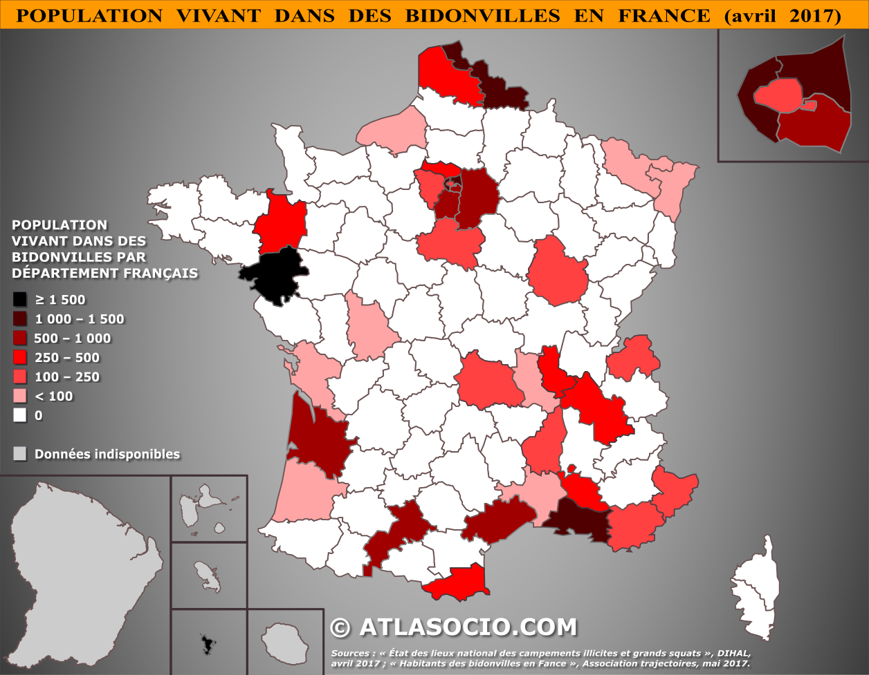 Carte de France relative à la population vivant dans des bidonvilles par département en 2017.