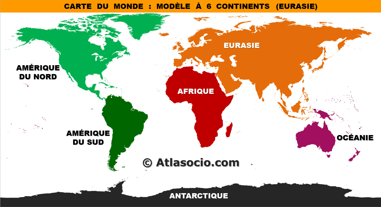 Carte des continents du monde - modèle à 6 continents (Amérique du Nord, Amérique du Sud et Eurasie)
