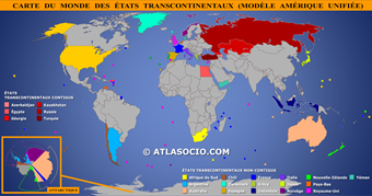Carte du monde relative aux États transcontinentaux selon le modèle à six continents (Amérique unifiée)