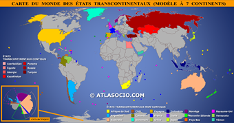 Carte du monde relative aux États transcontinentaux selon le modèle à sept continents (Amérique du Nord et Amérique du Sud séparées)