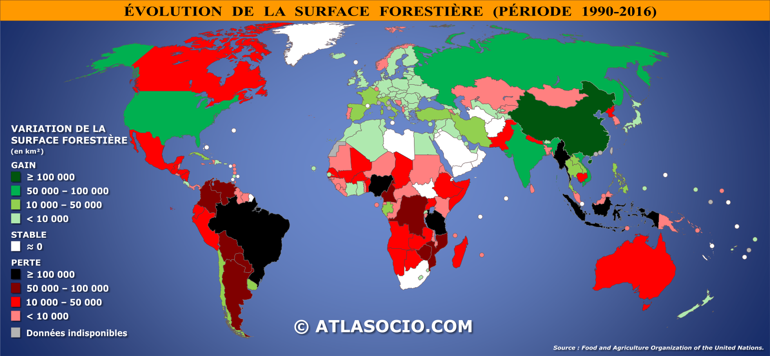 Carte du monde par évolution de la surface forestière (période 1990-2016).
