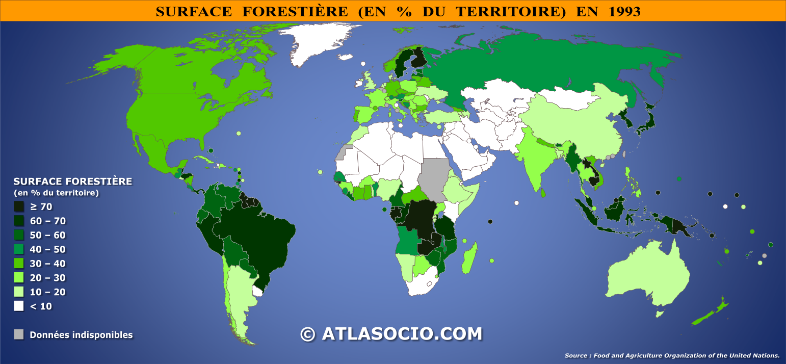 Carte du monde relative à la surface forestière par État en 1993 (% territoire)