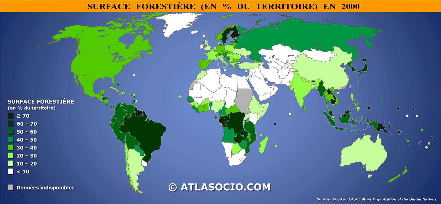 Carte du monde relative à la surface forestière par État en 2000 (% territoire)