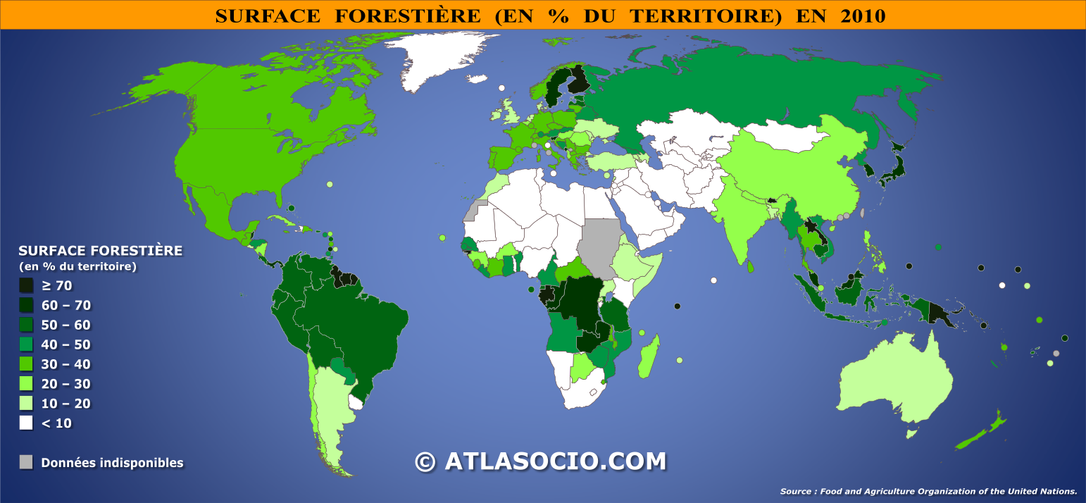 Carte du monde relative à la surface forestière par État en 2010 (% territoire)