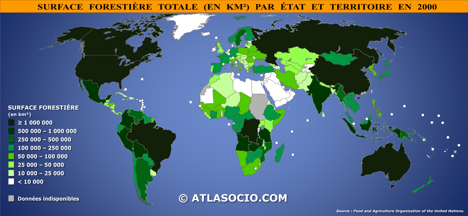 Carte du monde relative à la surface forestière par État en 2000 (km²)