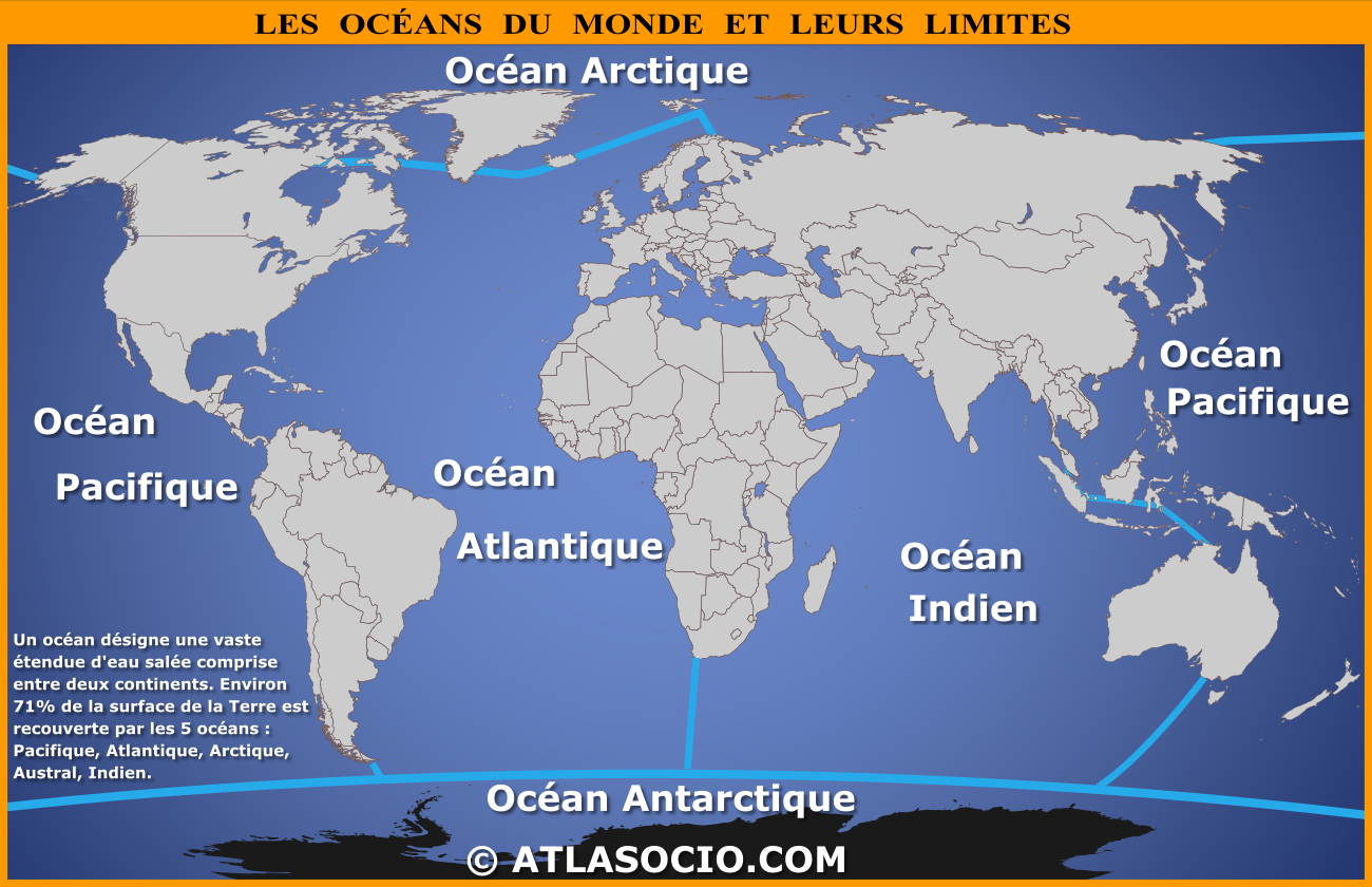 Carte des cinq océans et leurs limites.
