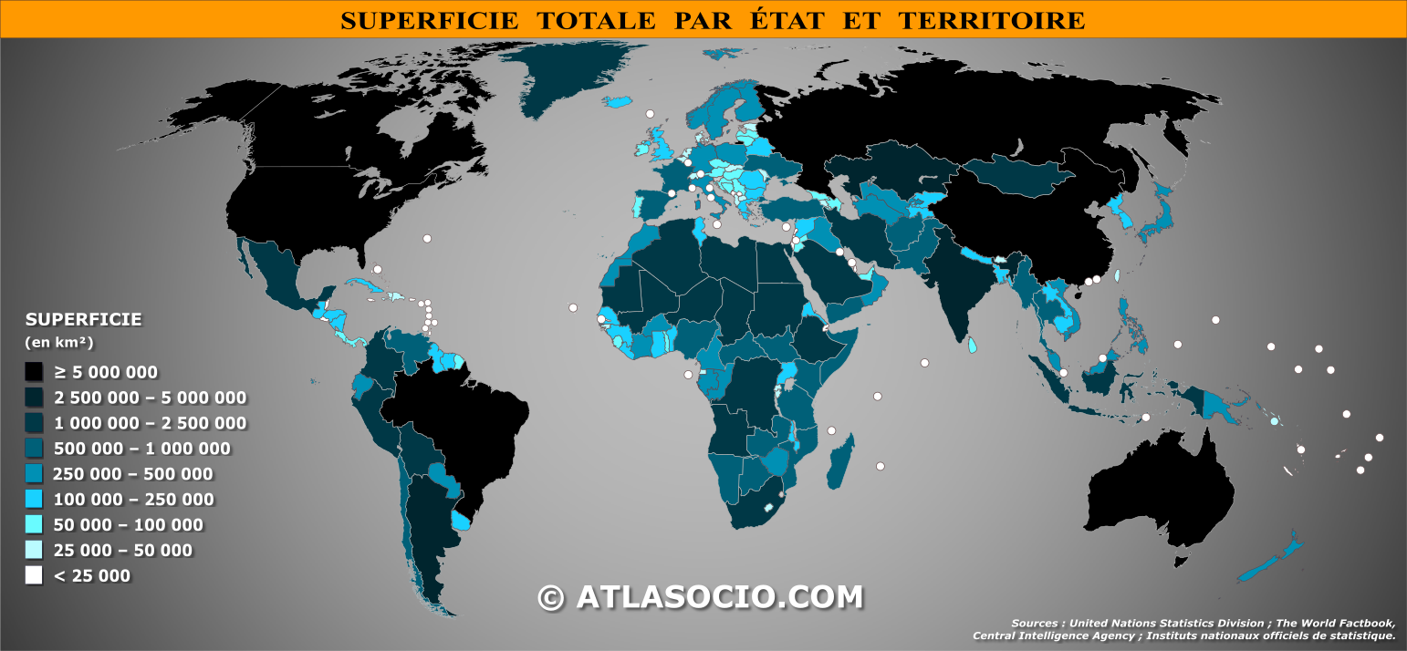 Carte du monde relative à la superficie (km²) des États et territoires