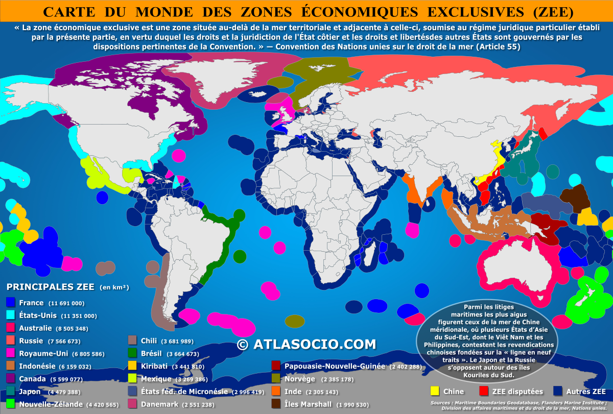 Carte du monde relative aux zones économiques exclusives (ZEE)
