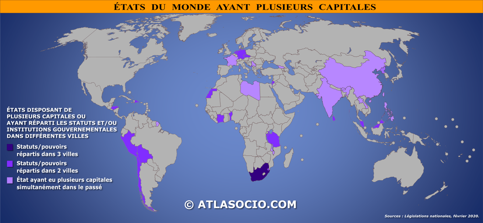 Carte du monde des États ayant plusieurs capitales