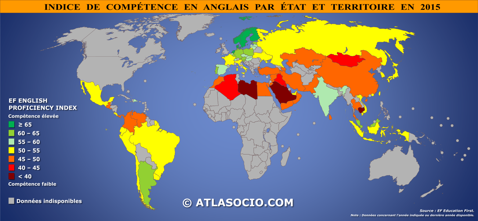Carte du monde relative à l'indice de compétence en anglais par État en 2015