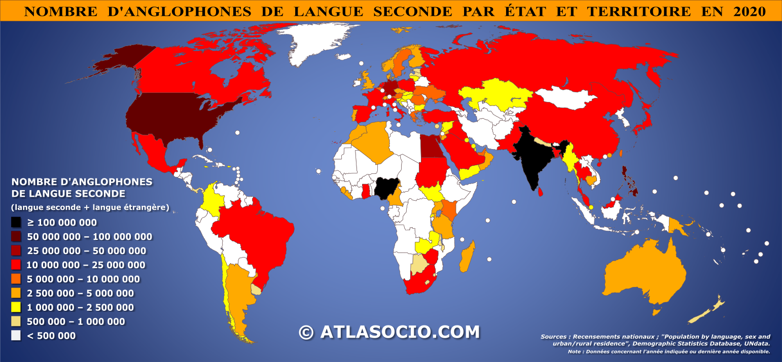 Carte du monde relative au nombre d'anglophones de langue seconde par État en 2020