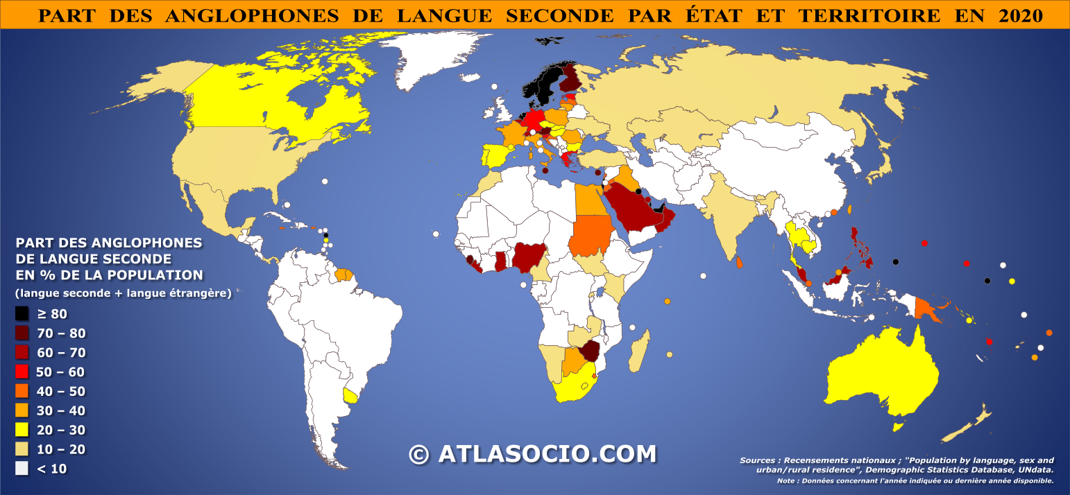 Carte du monde relative à la part des anglophones de langue seconde (% population) par État en 2020